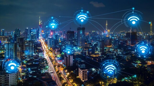 Wireless communication media networking connectivity technology concept, smart cityscape on world hologram simulation on global environment tech development changes time goals, banner blue background