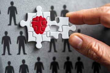 Hand placing puzzle piece completing team.