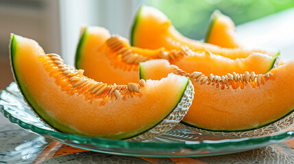 Close-up of sliced cantaloupe melon showing juicy orange flesh and seeds, summer fruit detail with soft lighting