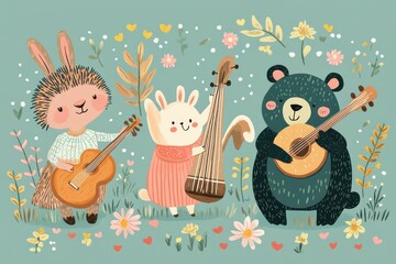 Hedgehog Rabbit Deer Bear Playing Music in Vibrant Pink Green Yellow for Party Decor, Vector, Watercolor