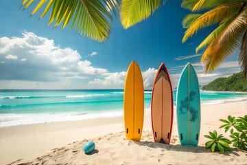 Colorful surfboards on a tropical beach under palm trees