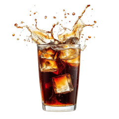Refreshing cola drink with ice cubes splashing in a glass on a transparent background Concept of summer refreshment, beverage, and cold drink
