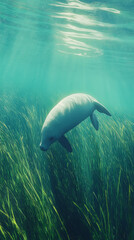 Manatee swimming underwater in lush green seagrass with sunlight rays