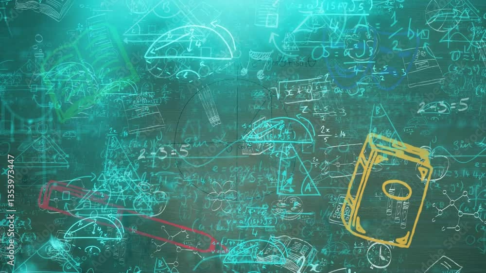 Poster in school, chalkboard displaying colorful mathematical formulas and animation diagrams