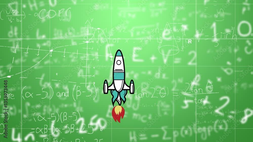 Poster rocket animation with mathematical equations on green chalkboard in school setting
