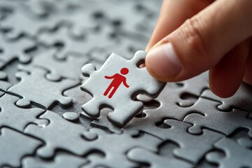 Hand placing human figure puzzle piece. (1)
