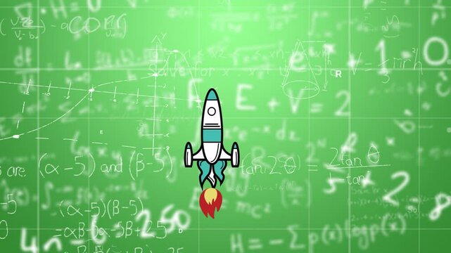 Rocket animation with mathematical equations on green chalkboard in school setting