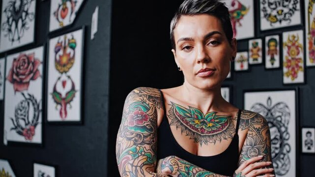 Self-confident and aggressive woman with tattooed body. Full-length portrait or lady with alternative style appearance in dark room or tattoo shop, slow motion. Tough woman