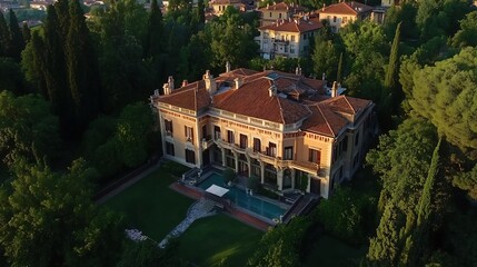 Fototapeta premium Aerial View of Luxurious Villa Nestled in Lush Greenery