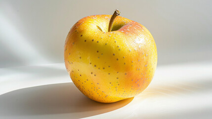 Opal apple with golden-yellow skin on matte white background, minimalist fruit photography