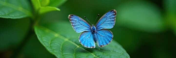 Obraz premium Delicate blue butterfly on a leaf, watercolor art, colorful
