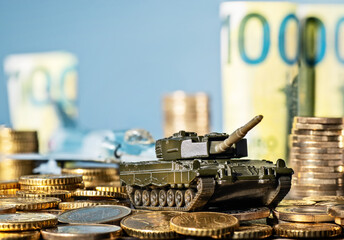 Tank and fighter plane with lots of coins and banknotes