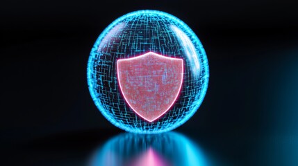 Digital security concept, glowing shield icon inside a translucent sphere, emphasizes protection and technology themes.