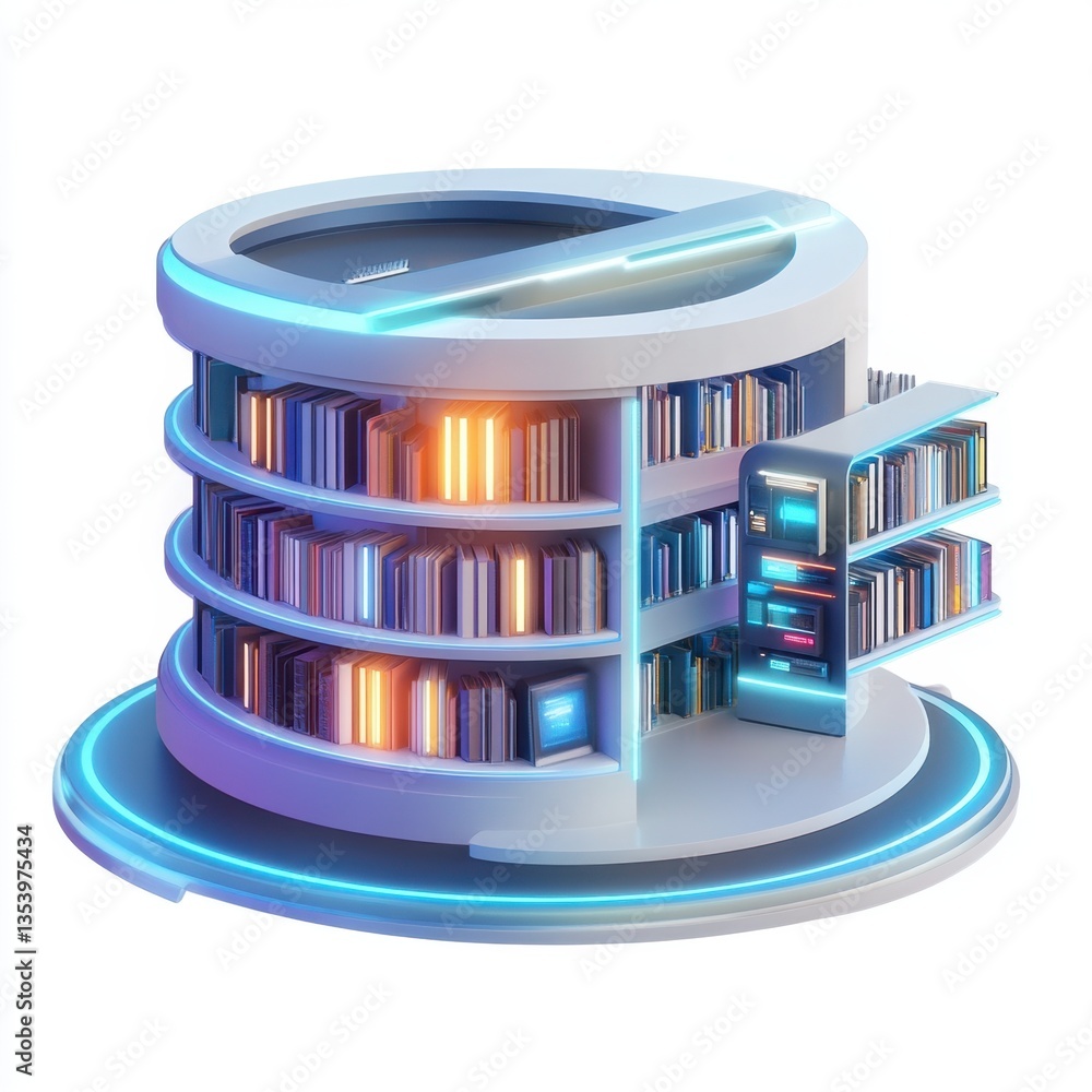 Aufkleber a futuristic library with a circular bookshelf that is lit up with neon lights