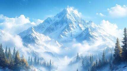 Snow-covered mountain rises, wreathed in clouds, flanked by coniferous forests
