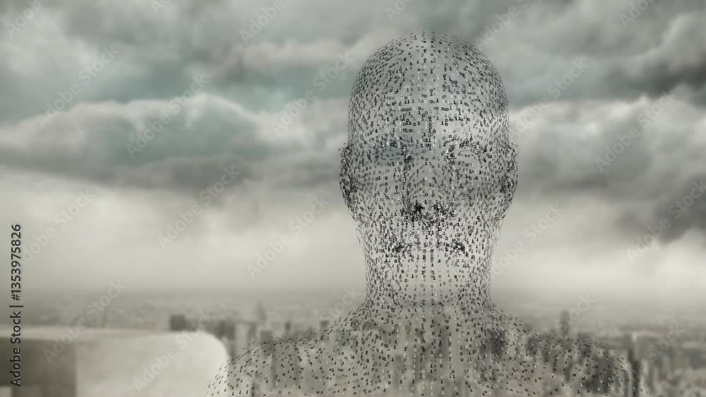 Poster animation of digital human figure with binary code in cloudy cityscape background