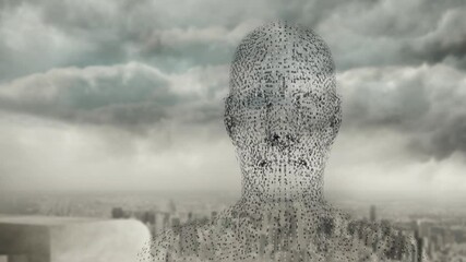 Animation of digital human figure with binary code in cloudy cityscape background - Powered by Adobe