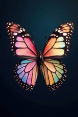 Fototapeta premium Delicate butterfly wings with pastel-colored ribbons on a dark background, wing, whimsical
