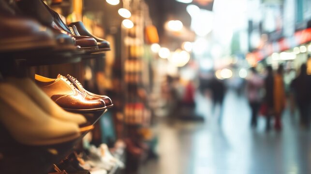 Blur of city shopping people crowd at marketplace shoe shop abstract background.vintage color