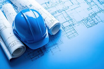 Construction plans and a blue hard hat resting on architectural blueprints on a work table