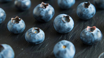 Macro shot of blueberries scattered on dark slate surface, high-detail berry texture