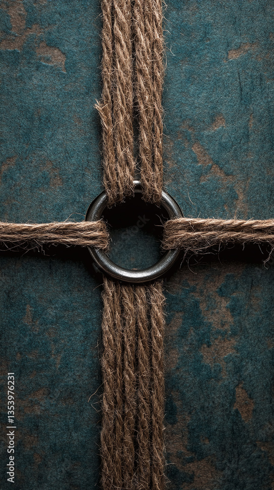 Aufkleber dark teal textured background crossed by beige jute rope tied with a metallic ring, creating a rusti