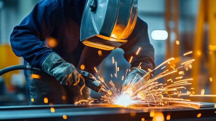 Skilled welder performing metal fabrication with sparks flying in a busy workshop environment