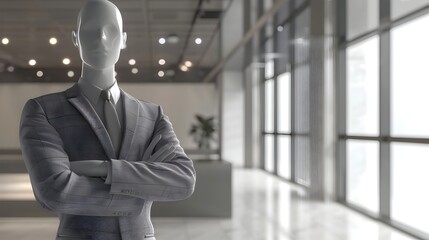 A generic mannequin dressed in a sleek business suit stands confidently with crossed arms