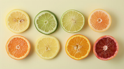 Obraz premium Top-down flat lay of citrus slices arranged in color gradient, vibrant fruit pattern