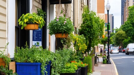 A vibrant city street corner transformed into a thriving urban oasis filled with life and community spirit.