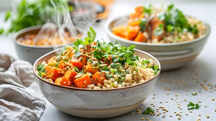 Nourishing plant based meals steaming bowls of wholesome grains roasted vegetables and aromatic herbs captured in a minimalist clean lined setting with a aesthetic