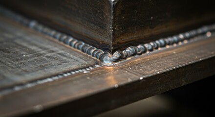 Close-up view of a clean metal weld seam at the corner of two steel plates. Industrial concept of welding, engineering, and fabrication