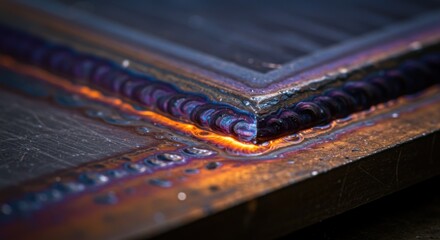 Close-up view of a clean metal weld seam at the corner of two steel plates. Industrial concept of welding, engineering, and fabrication