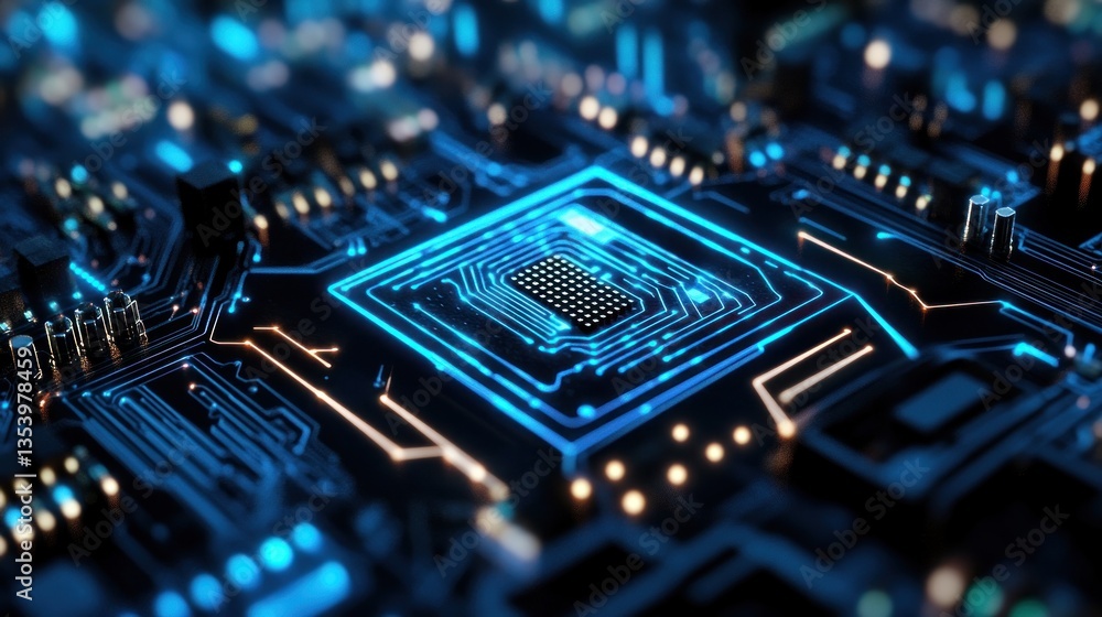 Poster close-up of a futuristic microchip with glowing circuits