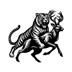 tiger seizing deer logo black color full body vector white background