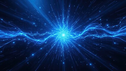 Naklejka premium Dynamic Blue Energy Burst with Shimmering Particles and Radiant Light Effects in Space