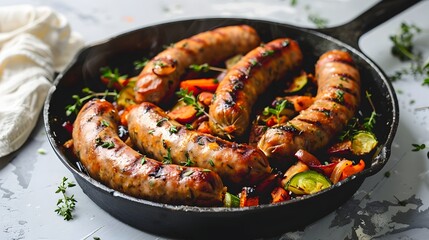Nourishing plant based sausages sizzling on a cast iron skillet accompanied by a medley of roasted vegetables and a drizzle of aromatic herbs set against a minimalist