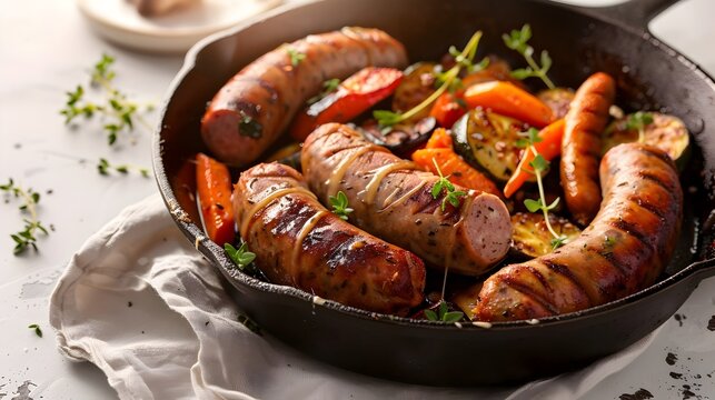 Nourishing Plant Based Sausages Sizzling in a Cast Iron Skillet Accompanied by a Medley of Roasted Vegetables and a Drizzle of Aromatic Herbs Set Against a Minimalist Light Filled Backdrop