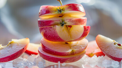 Sliced Pink Lady apple with visible seed core stacked neatly, crisp red fruit with natural texture