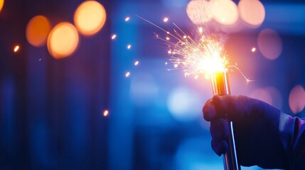 Close-up of a welder's hand holding a torch, sparks flying, in a dimly lit workshop environment