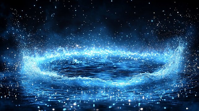 Glowing blue water ripple circle, magical fantasy scene.