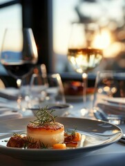 A close-up view of a French cuisine course on a sleek, minimalist table setting, 