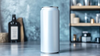 Fototapeta premium Aluminum Beverage Can on Reflective Surface with Blurred Background for Product Mockups