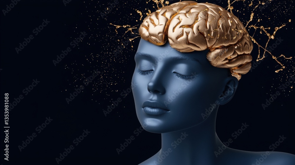 Poster woman's head with golden brain illustrating advanced ai-driven data management and secure informatio