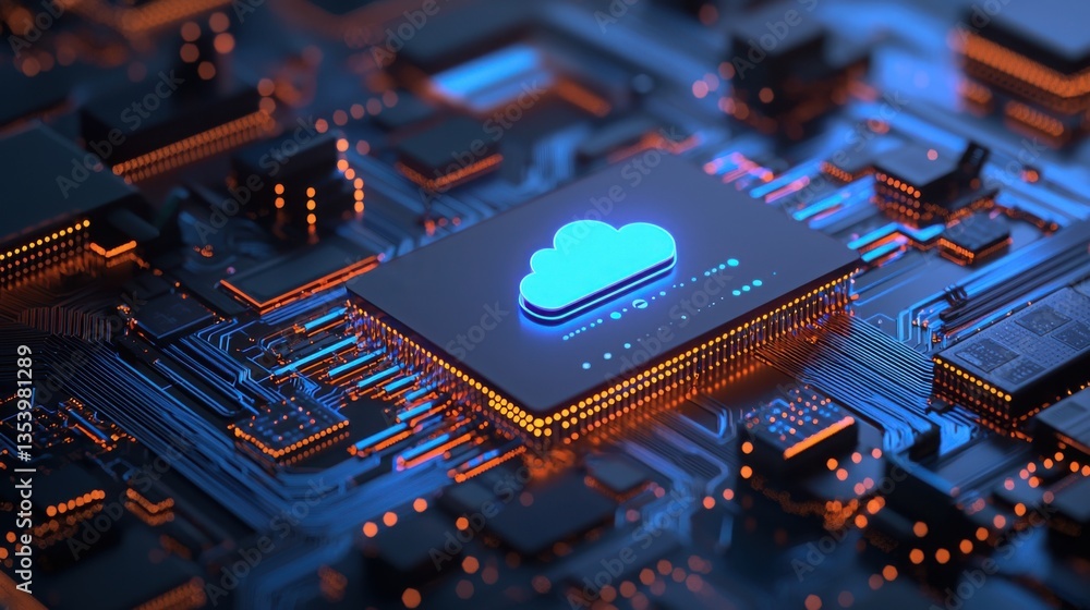 Poster close-up of computer chip with blue cloud icon representing secure cloud-based ai systems and data m