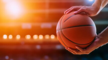 Close-up of hands gripping a basketball in an indoor arena with dramatic lighting effects