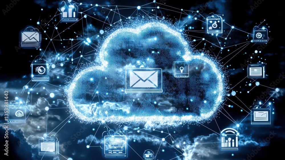 Poster cloud with network of icons depicting secure cloud-based ai systems and innovative digital solutions