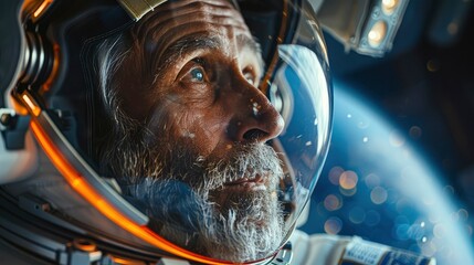A senior silver-haired astronaut's first encounter with the vastness of space, gazing at the blue planet Earth, 