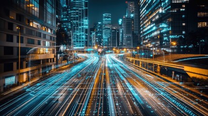 Nighttime cityscape featuring bustling traffic with vibrant light trails, skyscrapers glowing in the background