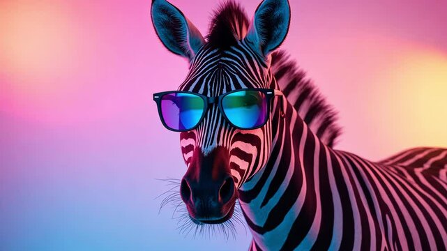 Stylish zebra wearing sunglasses with colorful neon background, showcasing vibrant and playful wildlife aesthetics for modern art and design